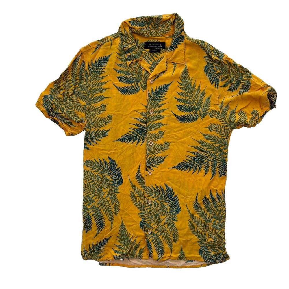 Predjucio Men’s P Size Small Yellow Fern Botanical Printer Button Down Shirt
